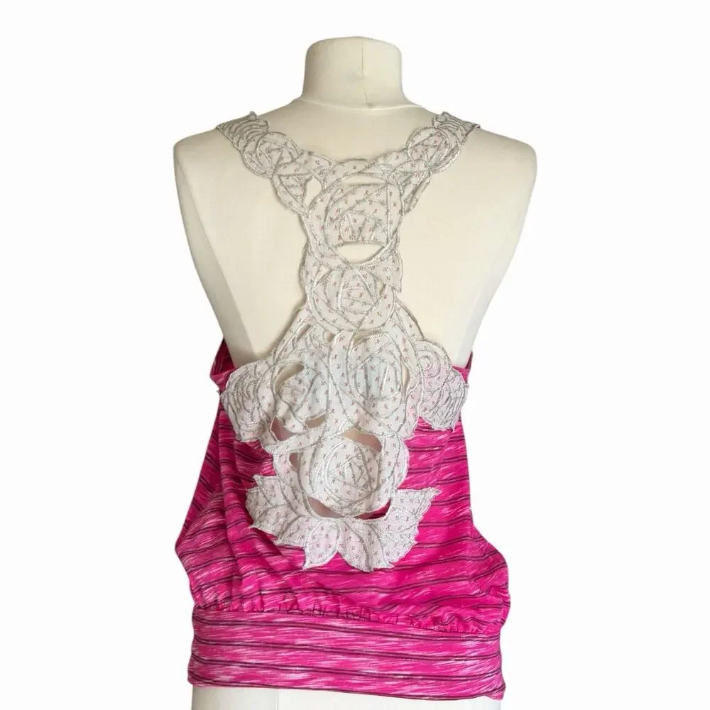 Vintage Free People Pink Stripe Lace Racerback Tank Size Small Feminine Boho